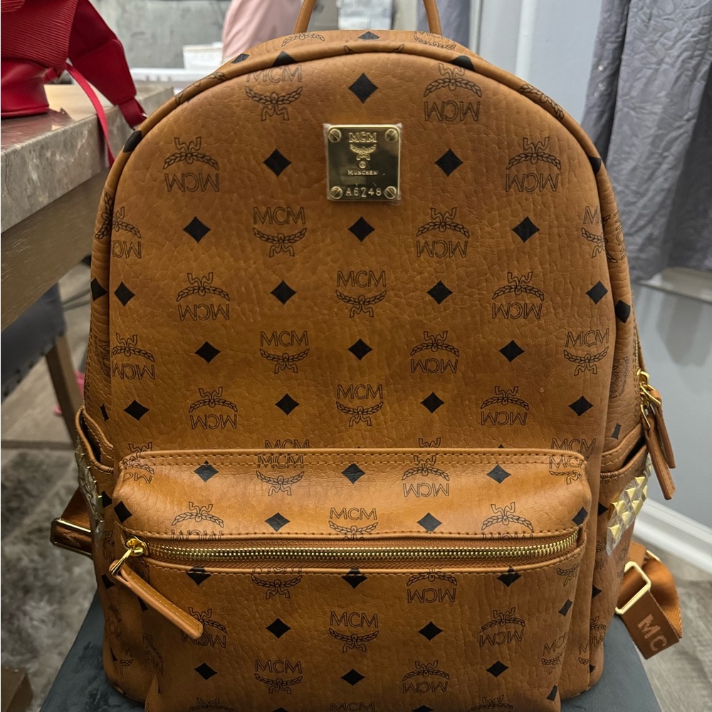 MCM Tan Backpack with Black Accents